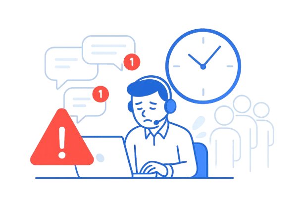 Überlasteter Support-Mitarbeiter mit vielen wartenden Kunden